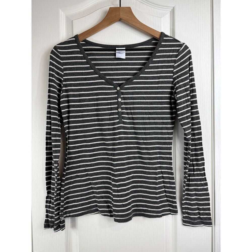Stars Above Henley Long Sleeve Pajama Top Charcoal Gray White Stripe Women's XS
